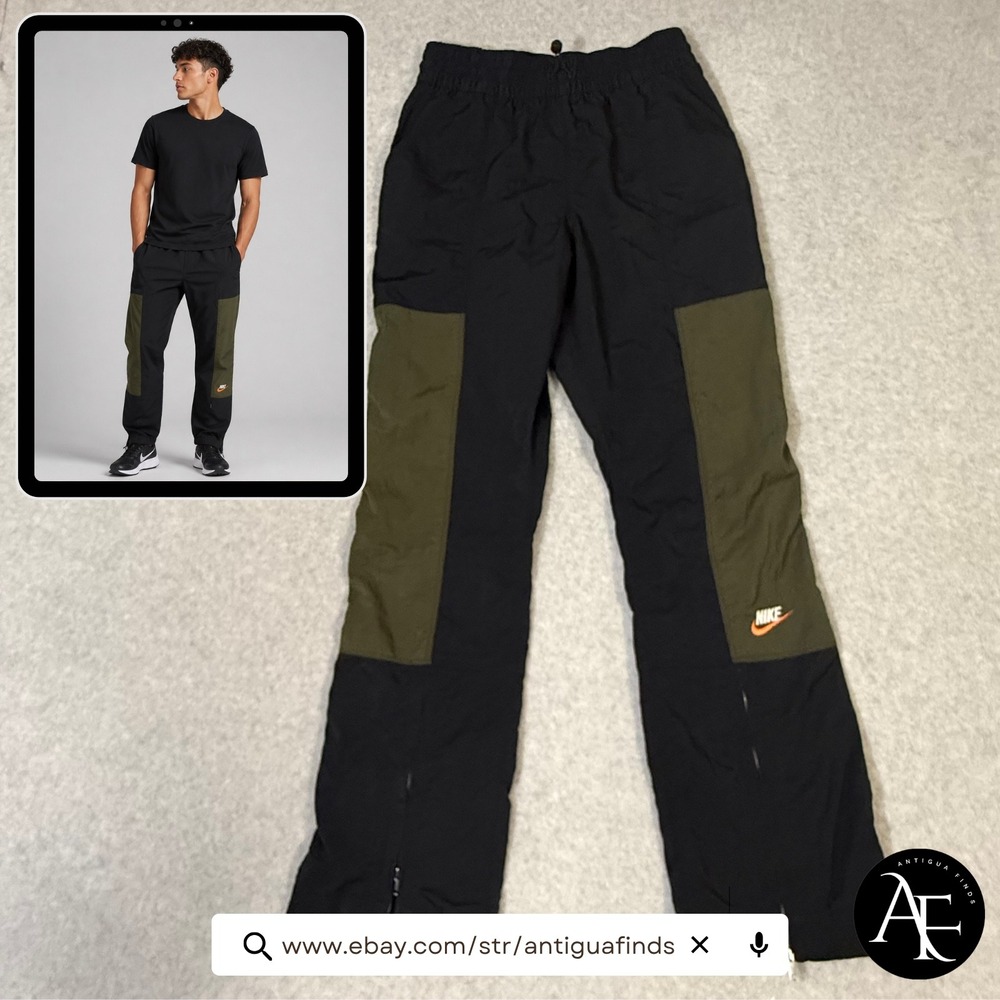Nike Mens Colorblock Woven Track Pants Black Olive Green Zippers Size M